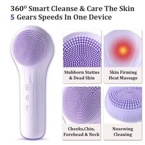 2026 5-In-1 Electric Facial Cleaner Face Cleansing Brush Spa Skin Care Massager Battery-Powered (Battery Not Included)