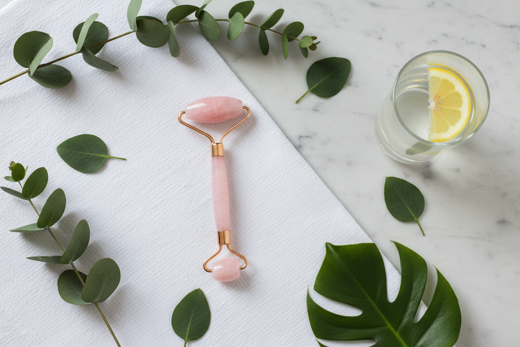 LumiLift™ facial roller flat lay with towel and greenery