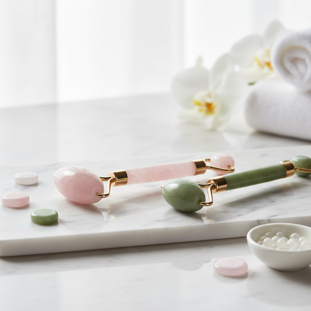 LumiLift™ facial sculpting roller on white marble surface