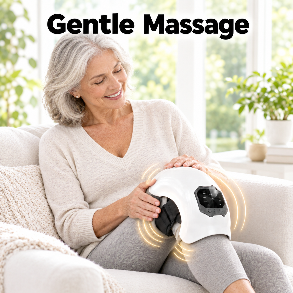 Older person in a new bright scene with Vyro KneeHug 2.0, subtle motion-wave graphics and "Gentle Massage" headline