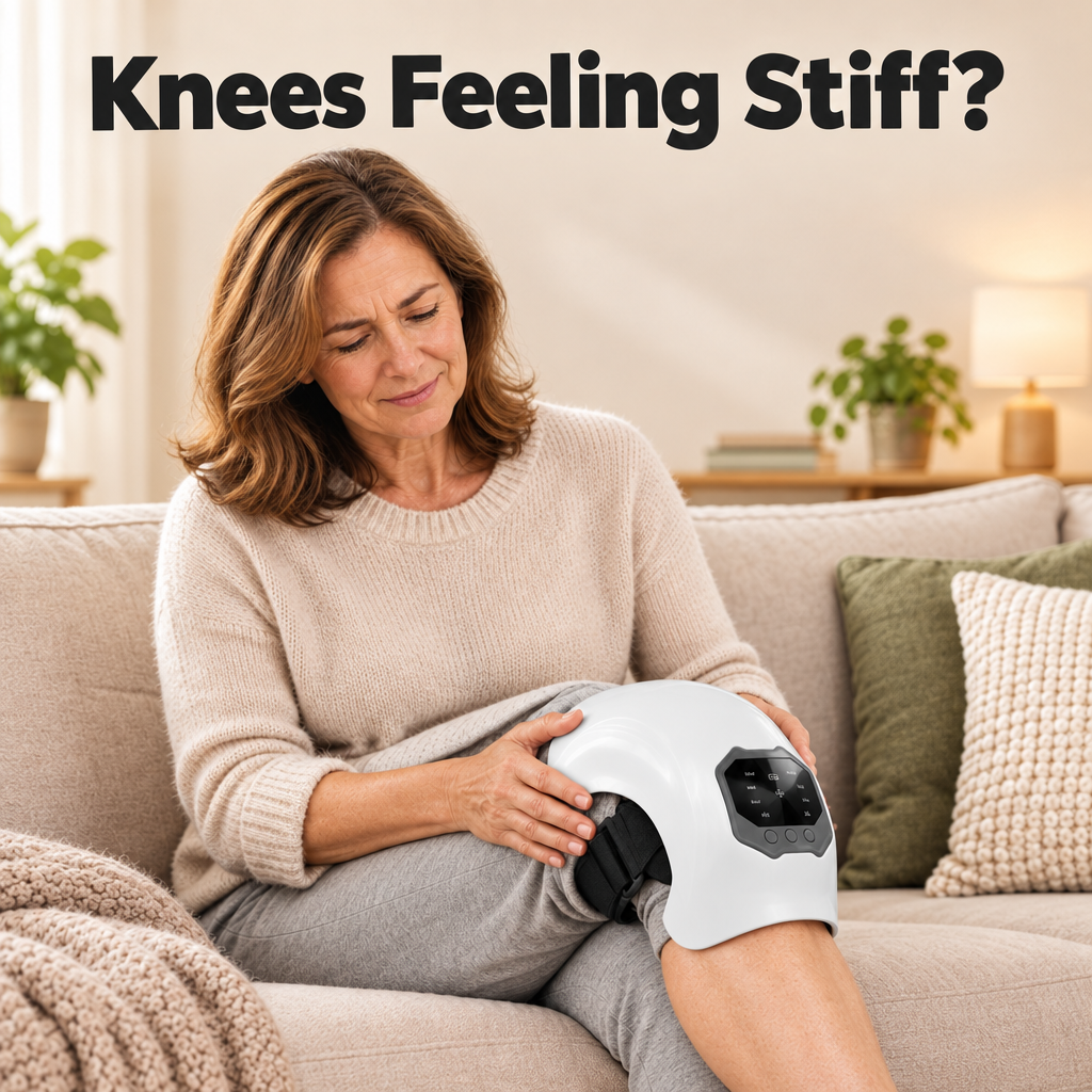 Square lifestyle image with bold "Knees Feeling Stiff?" headline, woman holding knee wearing Vyro KneeHug 2.0